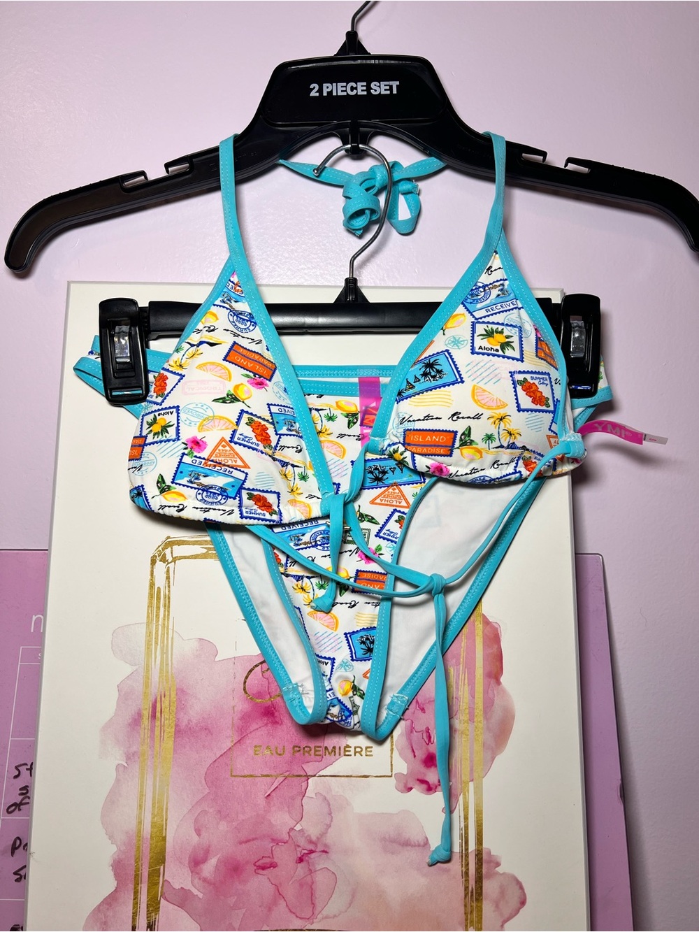 FREE GIFT! Womens Two-Piece Turquoise-Trim Bikini with Tropical Stamp Print